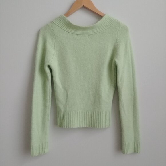 Y2K angora nylon blend fitted Medium V neck sweater top light apple green - Picture 9 of 15